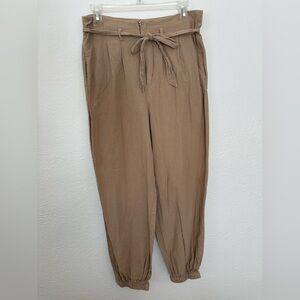 Tan Tie-Waist Linen Jogger Pants